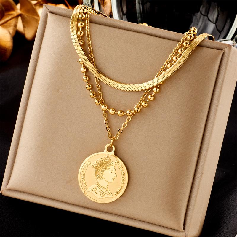 DIEYURO 316L Stainless Steel Round Portrait Coin Pendant Necklace For Women New Vintage Girls 3in1 Chains Jewelry Birthday Gifts