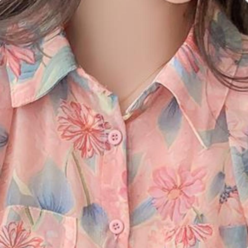 Summer Bubble Sleeve Print Crushed Chiffon Shirt Has A Design Sense of Versatile and Thin Sweet Print Tops
