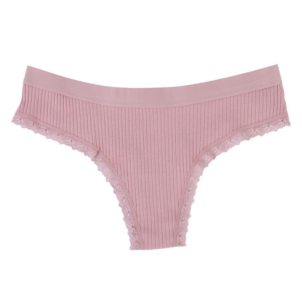 New Arrival Pure Cotton Women's Thong Underwear Low-Rise Sensual Briefs Ribbed Lace Trim