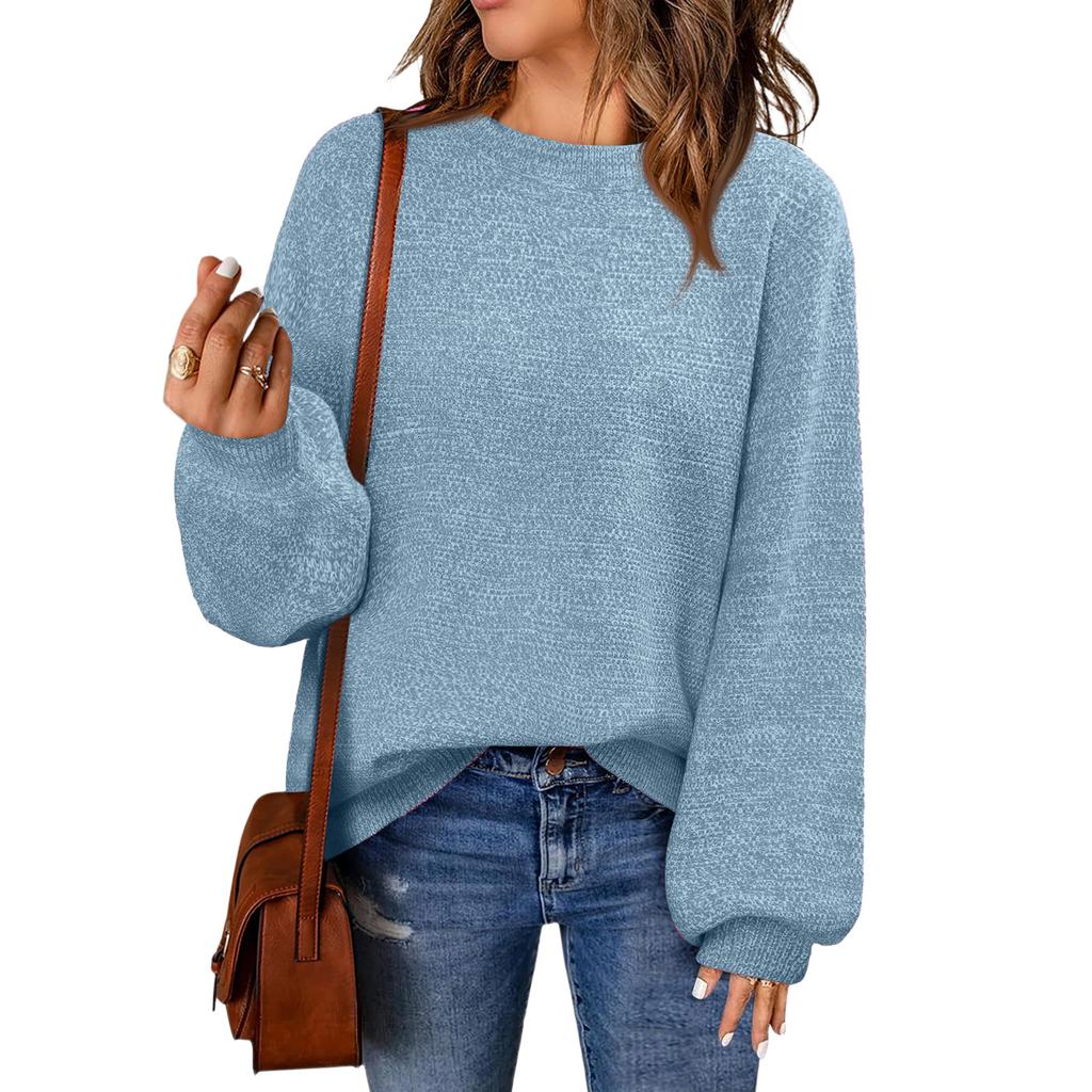 Women's Fashion Round Neck Pullover Sweater Casual Versatile Solid Color Knit Top