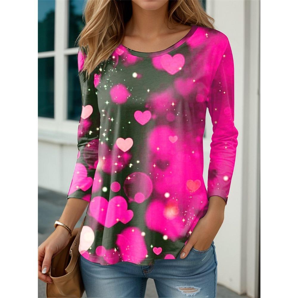 Jarní a podzimní trička s kulatým výstřihem a 3D potiskem vzoru lásky, valentýnský top, módní ležérní dámská trička s dlouhým rukávem