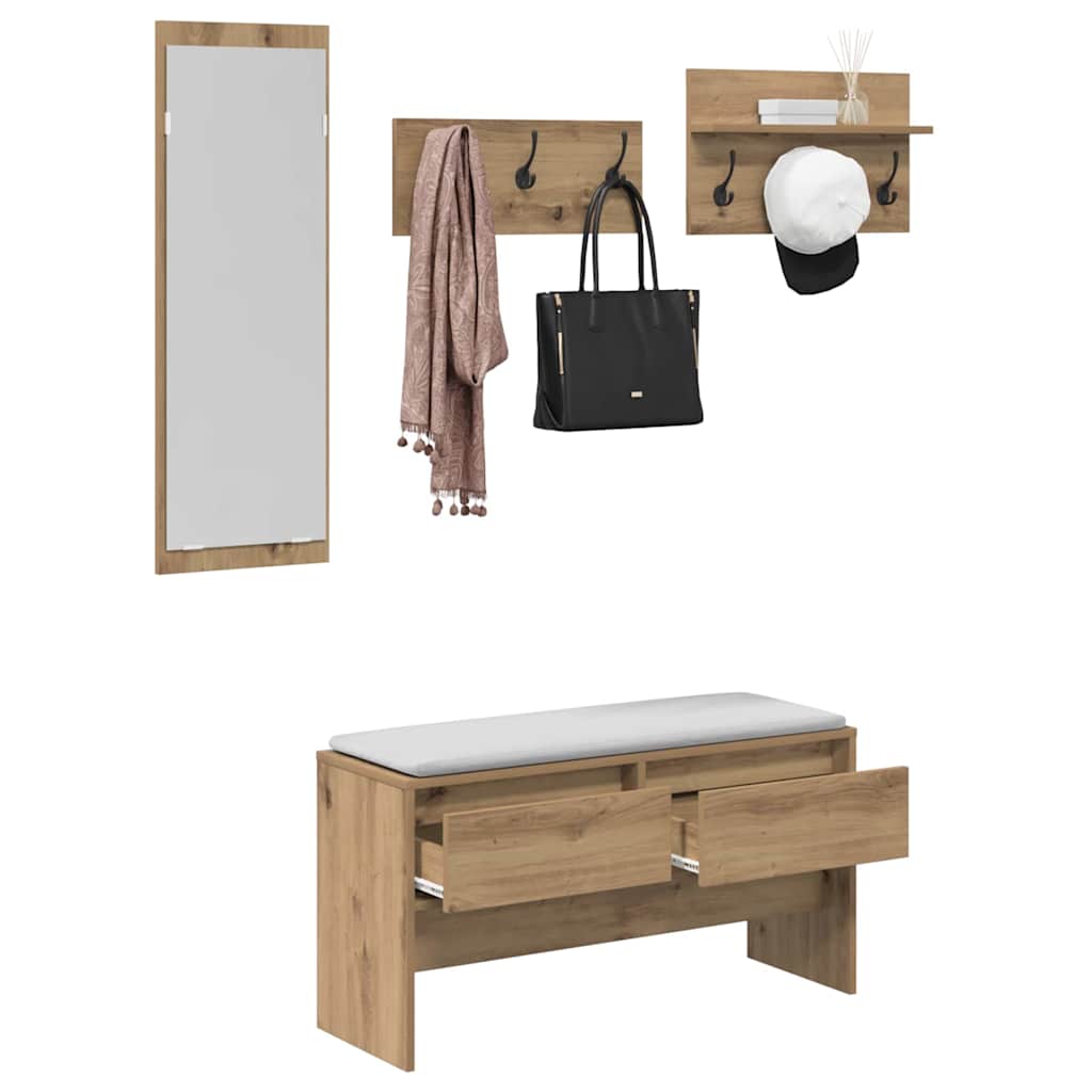 Hallway Furniture Set with Shelf 4 pcs Rustic Oak Wood Material