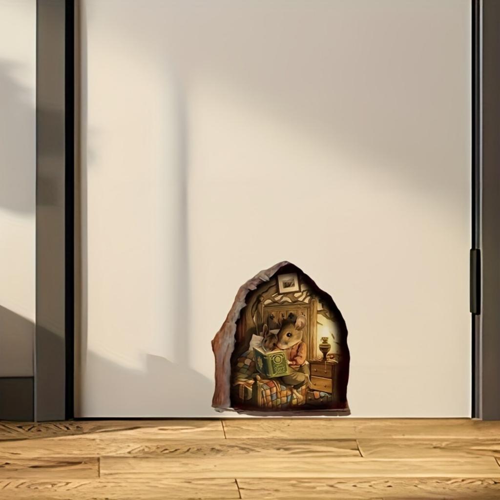 1PC 3D Mouse Hole Wall Sticker - Waterproof & Residue-Free, Cute Reading Mouse Design for Aesthetic Home Decor & Corner Reading Nook Decoration