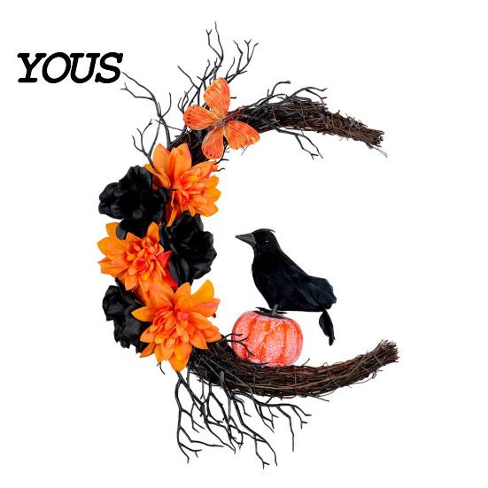 Realistic Theme Party Props Halloween Door Sign, Artificial Floral Branch Crow Moon Wall Hanger with Fabric Hanging Decor Bird, Spooky Window Yard for