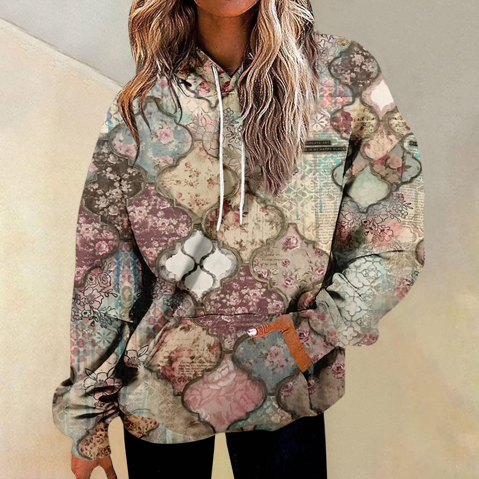 Женская повседневная мода винтажный принт длинный рукав пуловер с капюшоном топ XXXL — фото 6