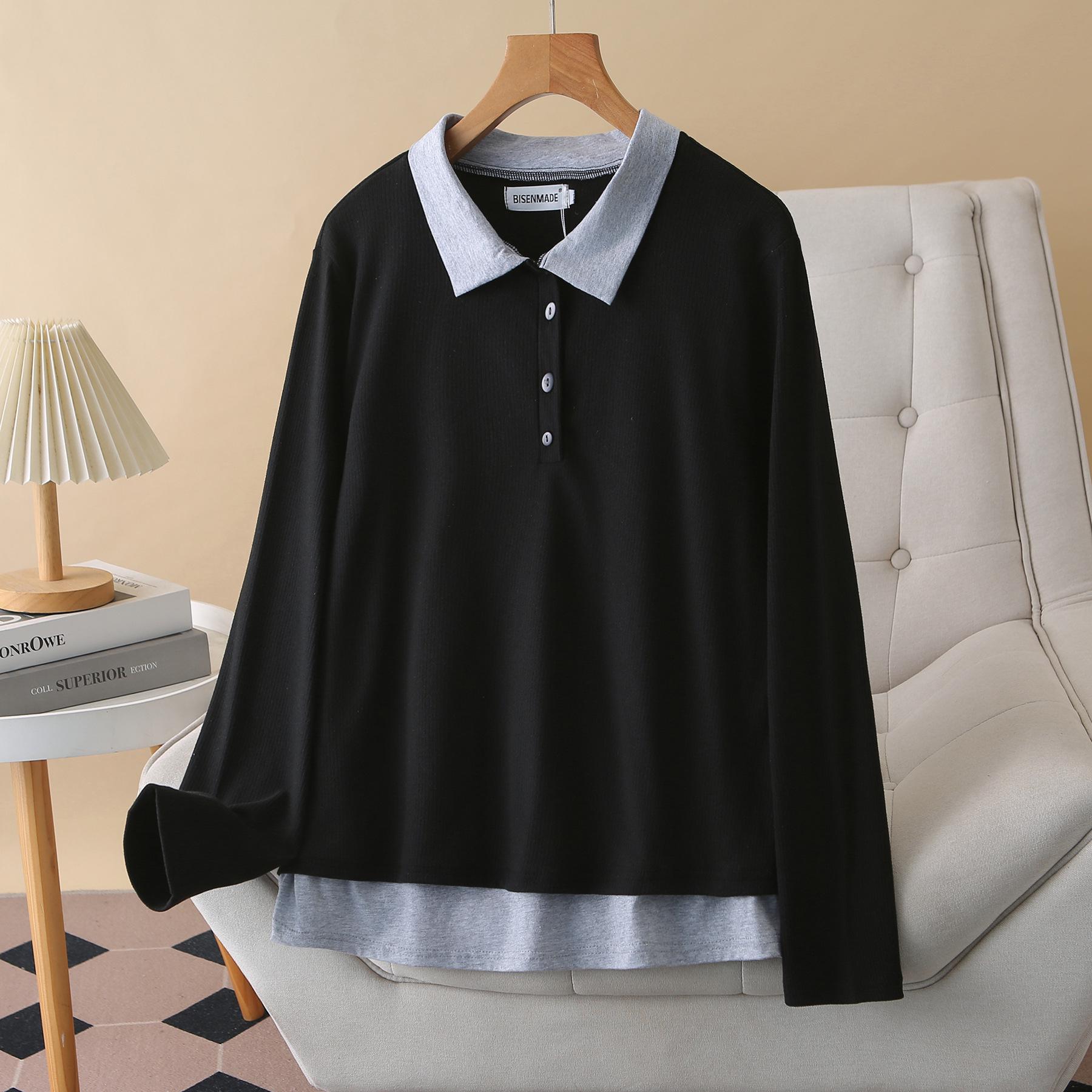 

2026 Spring Plus Size Color Block Lapel Long Sleeve Faux Two-Piece Slimming T-shirt 8806 4XL чёрный