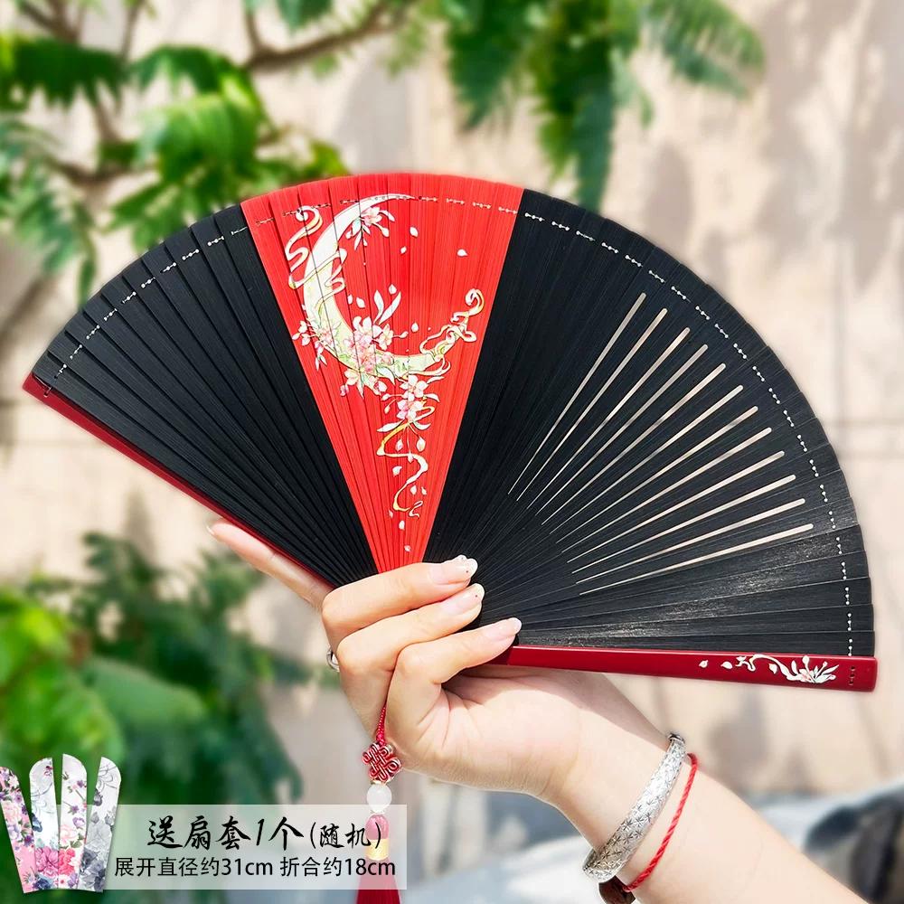 Chinese-Style Dark Green All-Bamboo Fan for Women, Hollow Floral Folding Fan, Ancient Style, Portable, Easy to Open and Close, Hanfu Dance Fan