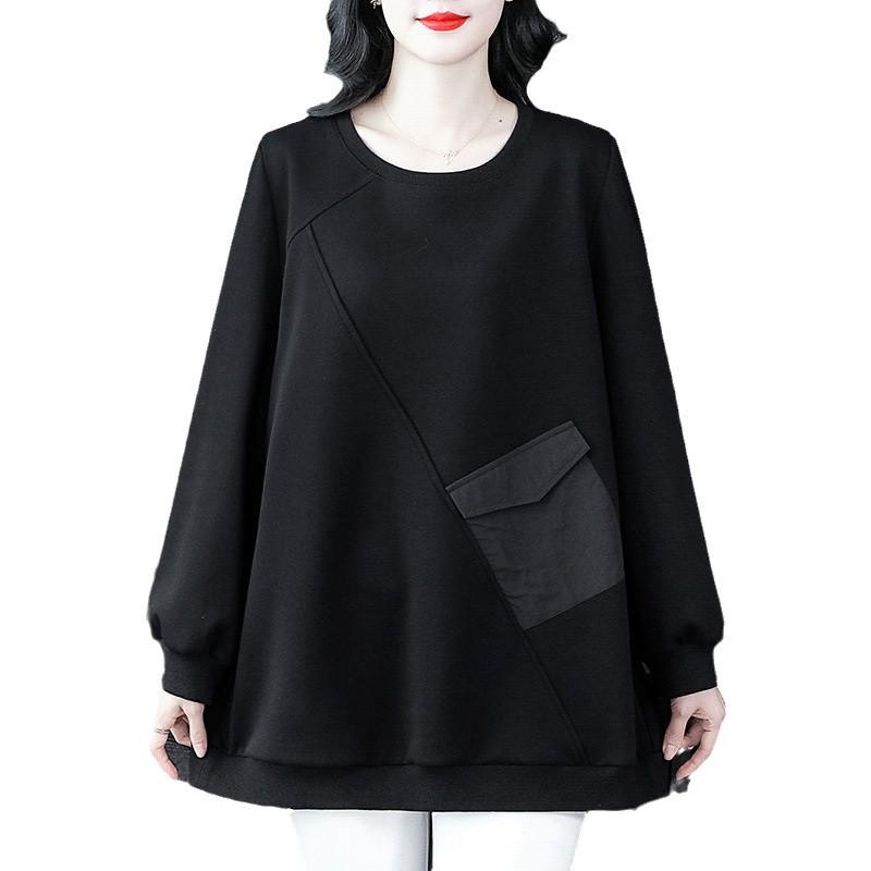 Plus Size Fleece-Lined Casual Loose Sweatshirt with Pockets - Slimming Long Sleeve Top for Middle-Aged Women