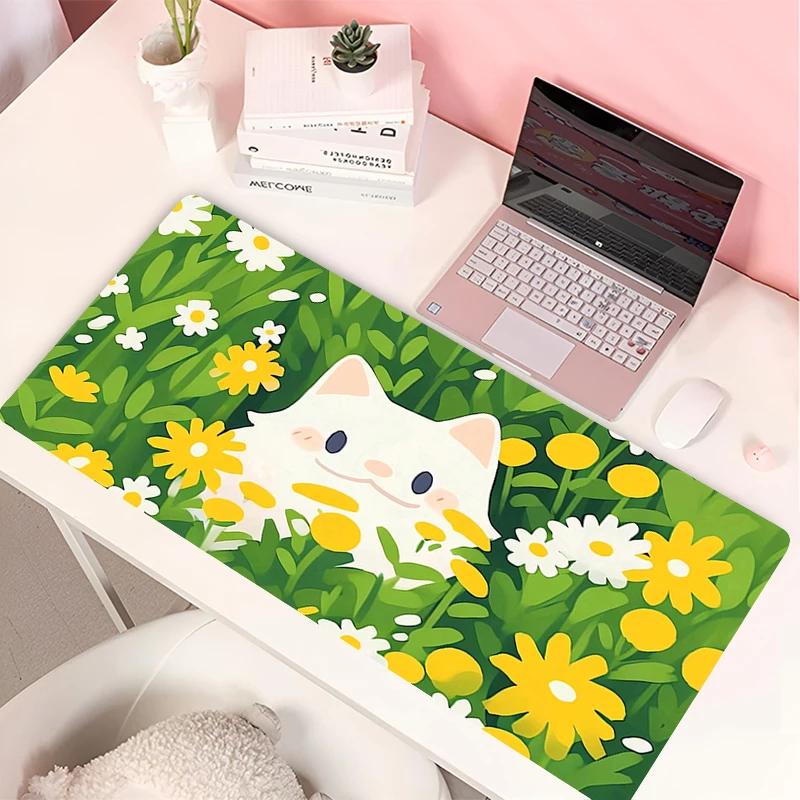 White Black Cat Leather Mouse Pad PC Green Plants Flower Gaming Keyboard Rug Laptop Anime Gamer Cabint Mousepad Cute Desk Mat