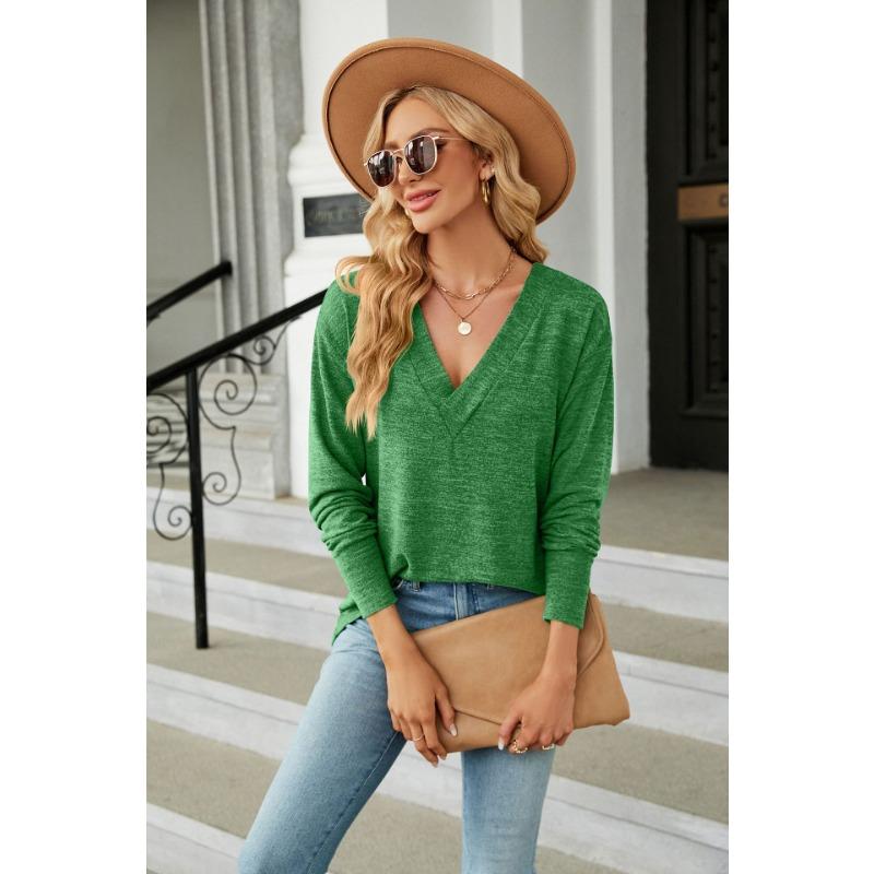 Vår og høst kvinners bluse ensfarget V-hals løs uformell langermet topp
