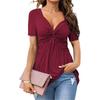 New European American Style Women's V Neck Twist Front Short Sleeve Shirt Casual Solid Color Pullover T-shirt Top