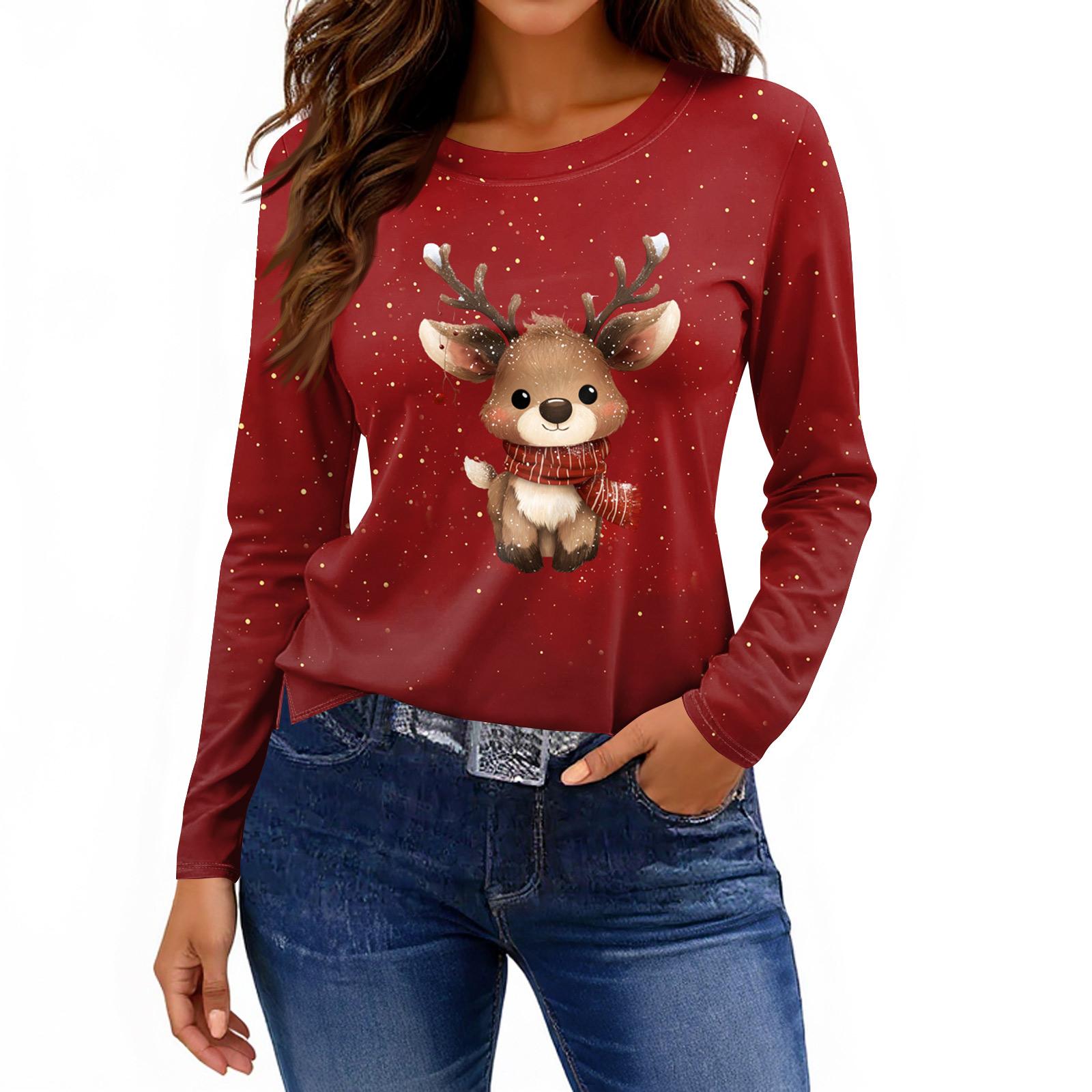 

Женская модная повседневная свободная футболка с принтом и круглым вырезом с разрезом и длинным рукавом, женский топ XL арбуз красный