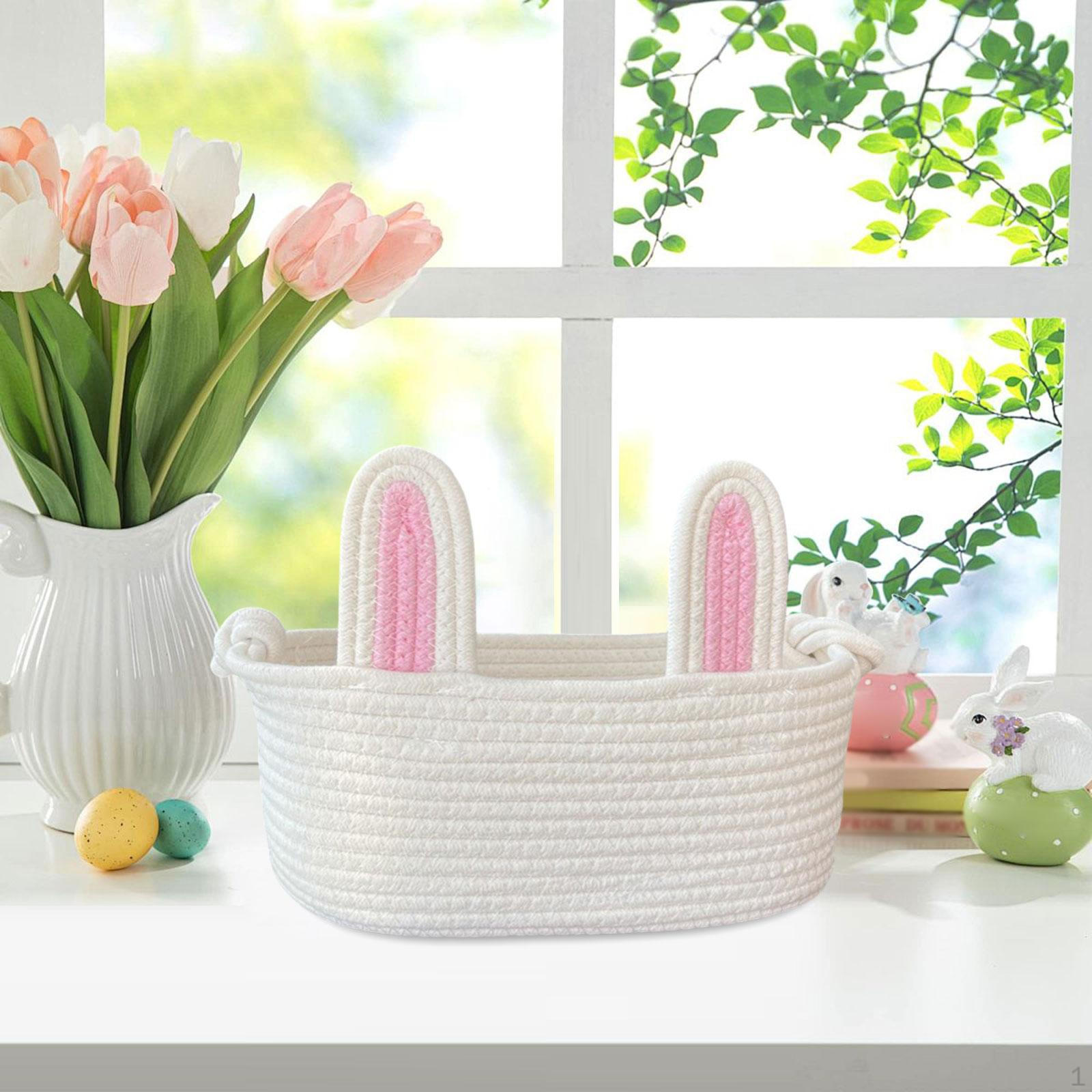 for Easter Tote Handwoven with Ears Adorable Empty Woven Basket Holidays Decoration pink and white