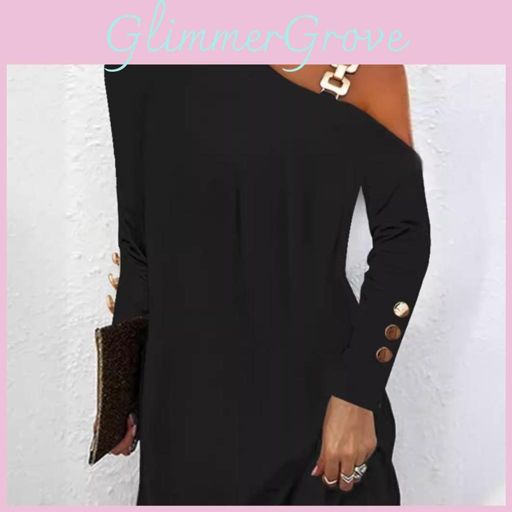 Stylish Long Sleeve Spliced Polyester Metal Hook Dress For Women
