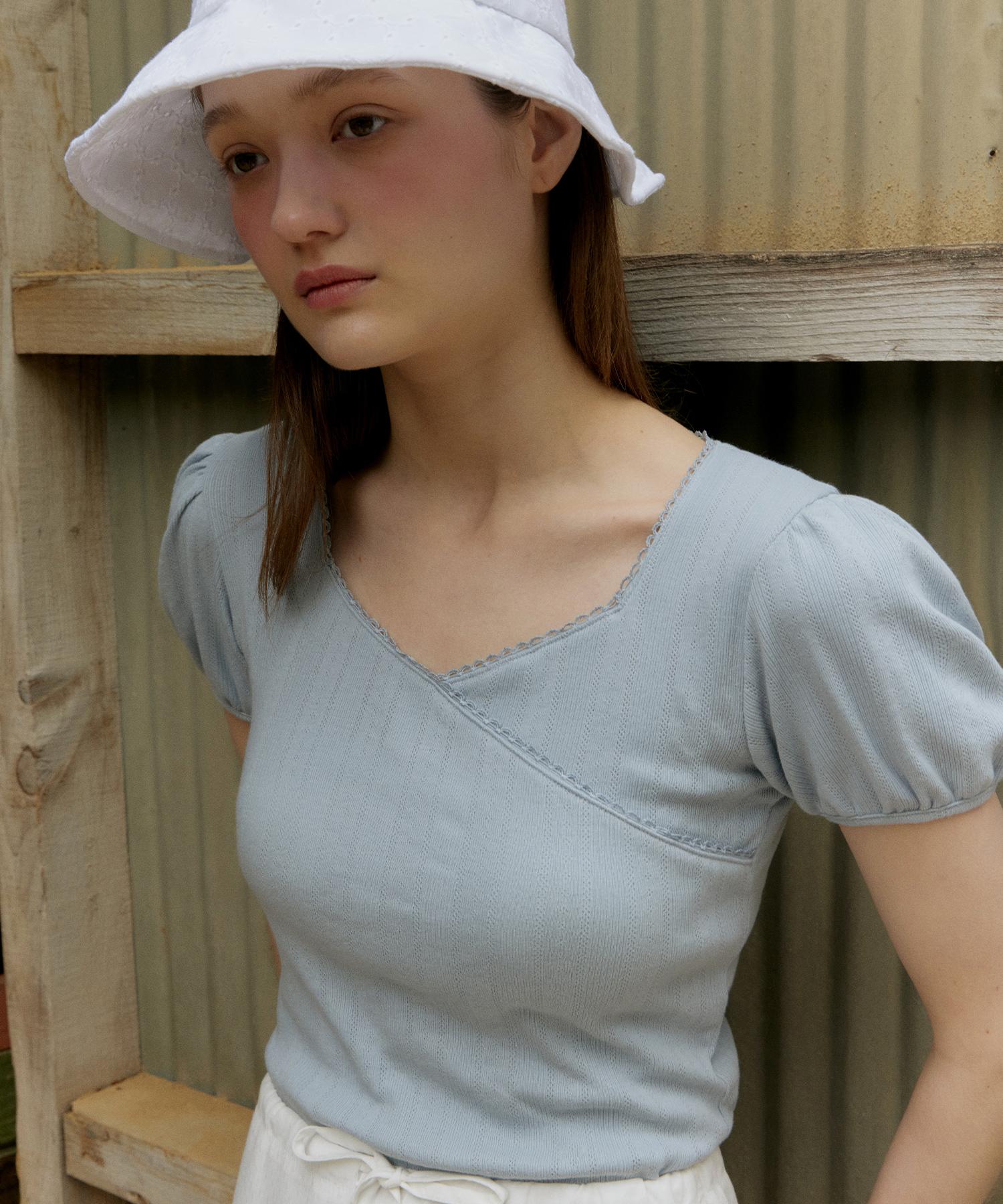 Itove Seoul Jacquard Lace Shirring T-Shirt Blue Blue/Blue