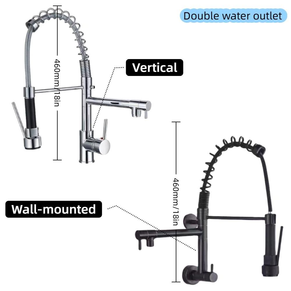 Double Output Kitchen Spring Faucet Stainless 360° Rotating Sink Faucet Vertical/wall Mounted High Pressure Hot/Cold Faucets