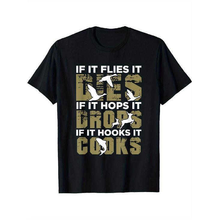1pcMen S Funny Hunting Shirt with Fly It Lies, If It Hops It Drops, If It Cooks Slogan & Deer Camo Print - Black Camouflage Short Sleeve T-Shirt, S чёрный