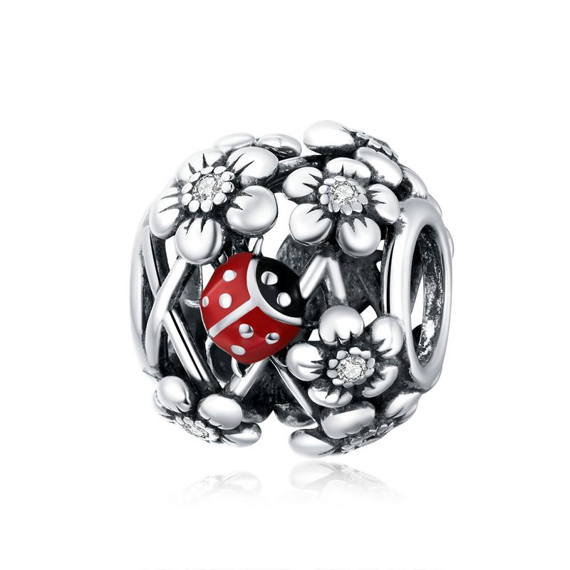 WOSTU 925 Sterling Silver Red Ladybug Charm Lucky Colver Beads Bee Pendant For Original Bracelet DIY Necklace Women Jewelry Make