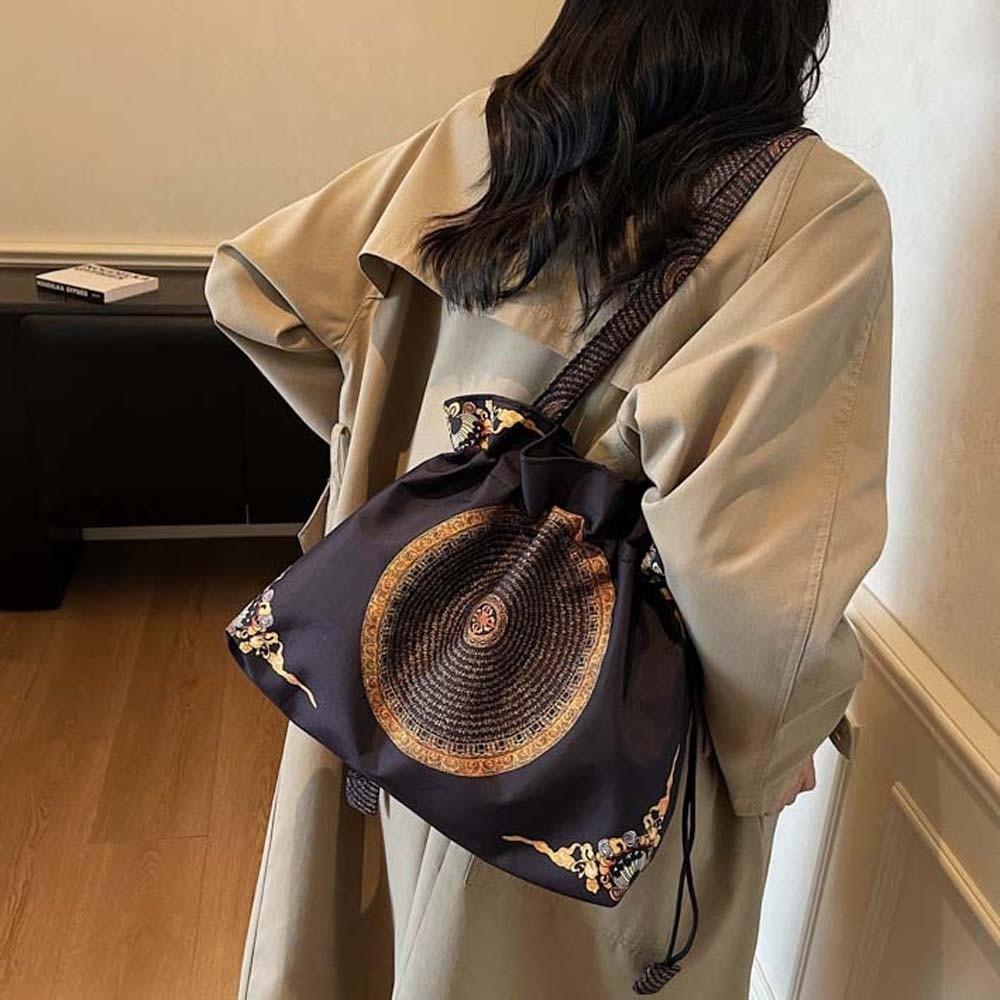 Retro Hanfu Drawstrings Bag Flower Embroidery Handbag Chinese Printed Shoulder Pouch  Outdoor