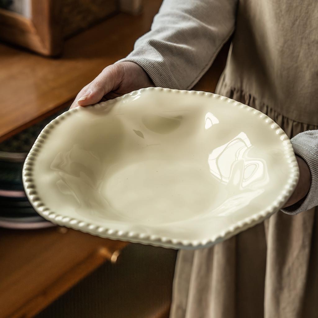 Cream Wind Pearl Edge Ceramic Large Bowl French Tableware Bowl Special-Shaped Bowl Household Salad Bowl Vegetable Bowl Pasta Bowl