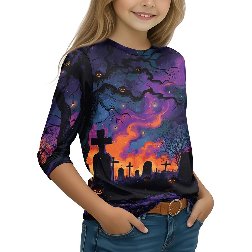 Kids Halloween Three-Quarter Sleeve Round Neck T-Shirt with Pumpkin Witch Print Casual Daily Wear
