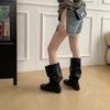 Retro Large Tube Circumference Pleated Stacking Boots Women's New Lace-up Thick Heel Medium Tube Boots Flat Ballet Boots
