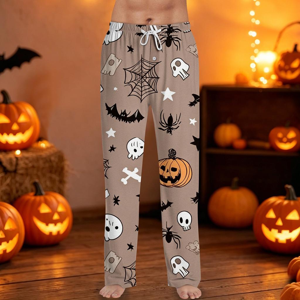 Men's Halloween Printed Drawstring Lounge Pants Casual Relaxed Fit Sleepwear with Pumpkin and Bat Pattern for Home and