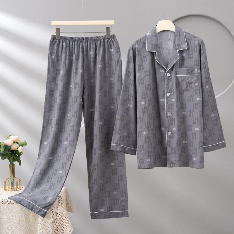 Men's Cotton Silk Long Sleeve Pajama Set, Plus Size, Cardigan, Wear Outdoors, Internet Trend, Pure Cotton, Simple & Comfortable Homewear