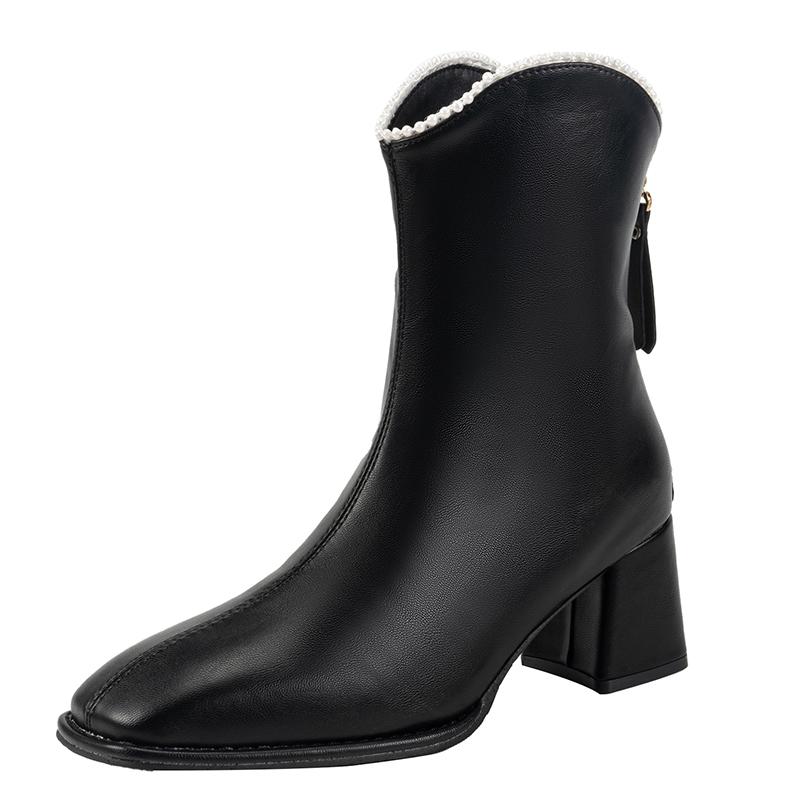 Fashion Square Toe Block Heel Booties Winter New Beaded Rear Zipper Anti-Slip Wear-Resistant High Heel Boots