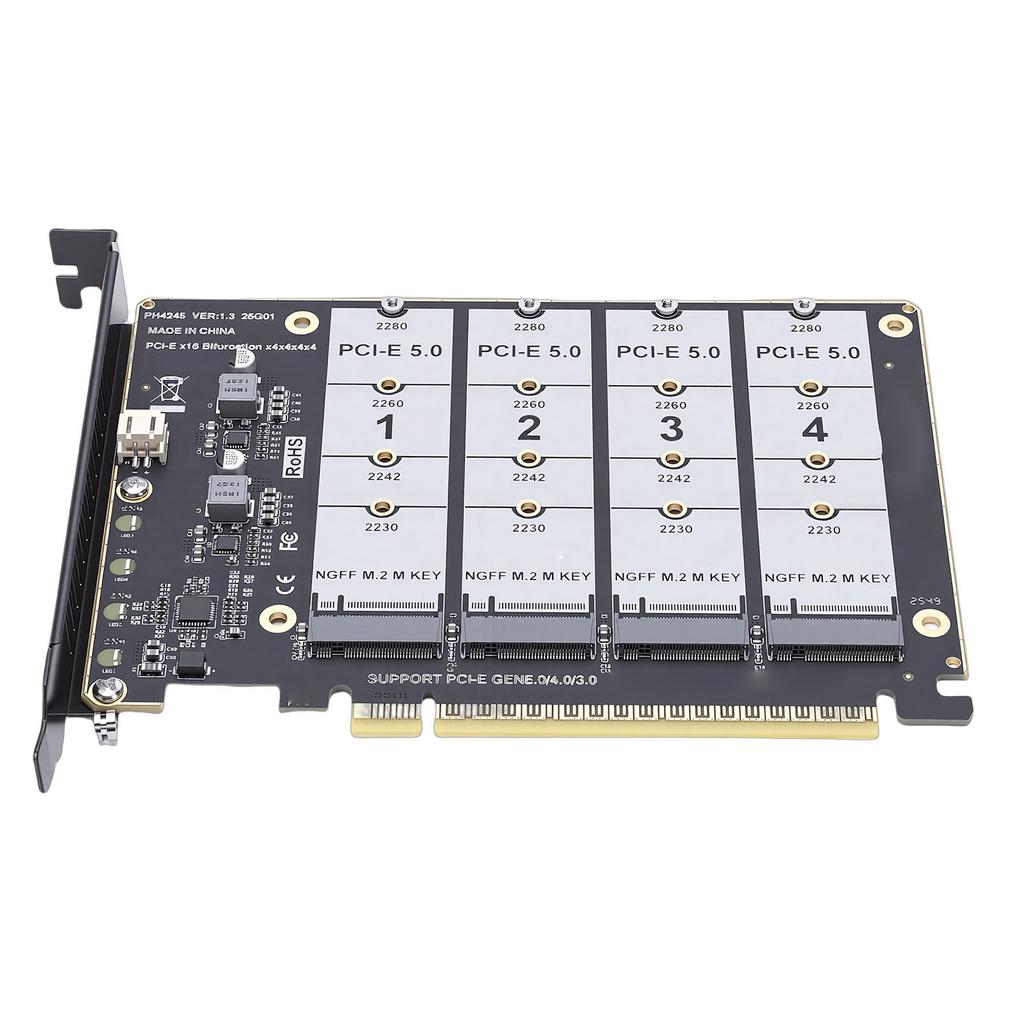 M.2 PCIE 5.0 Adapter Card 4 Port M.2 NVMe SSD To PCIE X16 M Key Hard Drive Converter Reader PC Internal Expansion Card 4x128Gbps