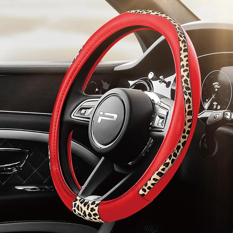 Road Comforts D-Type Steering Wheel Cover - Made With PVC Leather And Leopard Fabric - Universal Fit For 15-Inch D-Shaped Automotive Steering Wheels Round-Red