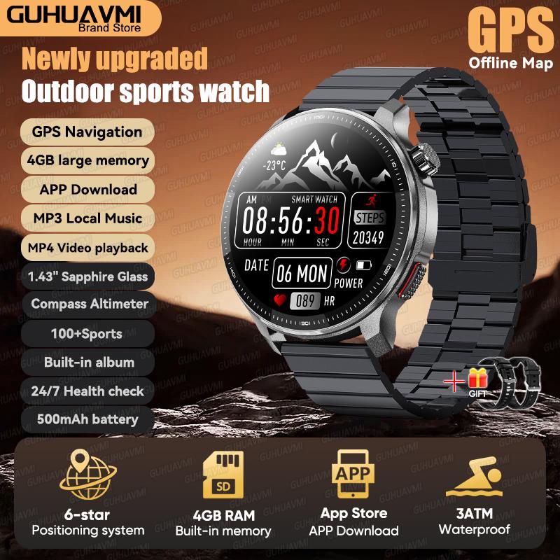 New Outdoor GPS Offline Map Sports Smart Watch Compass Altimeter 4GB Memory Video Music Playback Waterproof Smartwatch Men