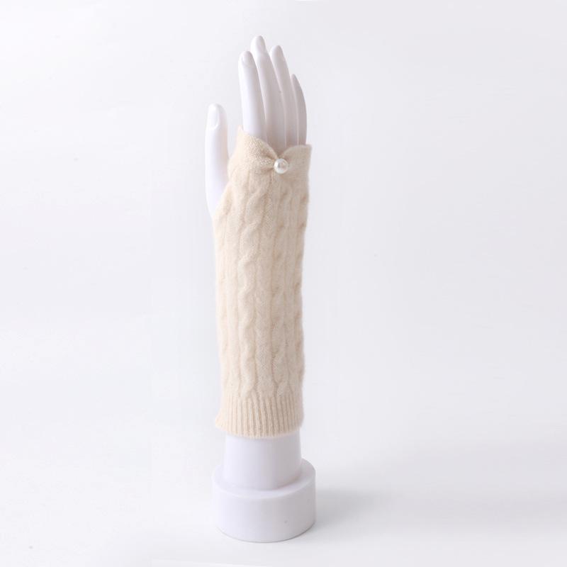 Women's Long Fingerless Cashmere Wool Gloves with Pearl Detail