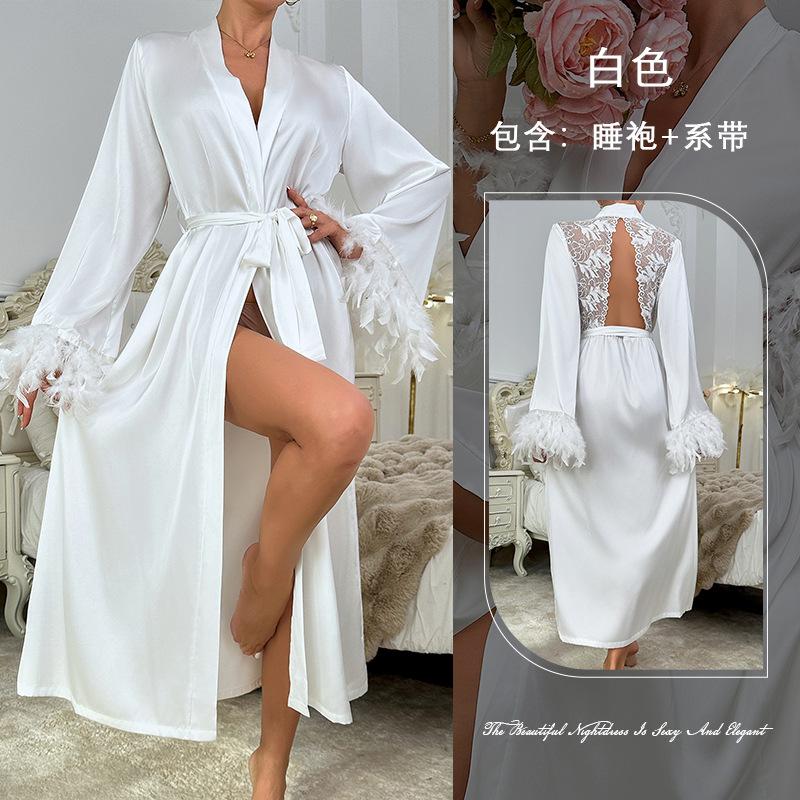 Light luxury Mao Mao decorative loose satin nightgown long lace-up V-neck bathrobe women's homewear 809