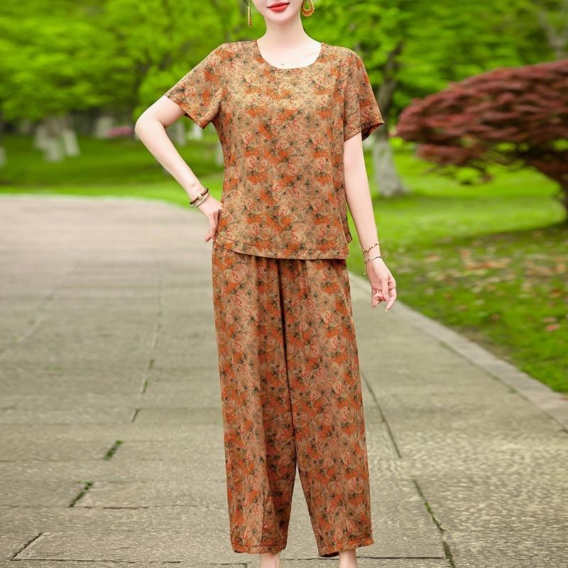 Women's Summer Printed 2-Piece Outfit, Plus Size Casual Short Sleeve Top & Pants Set (XL-5XL)