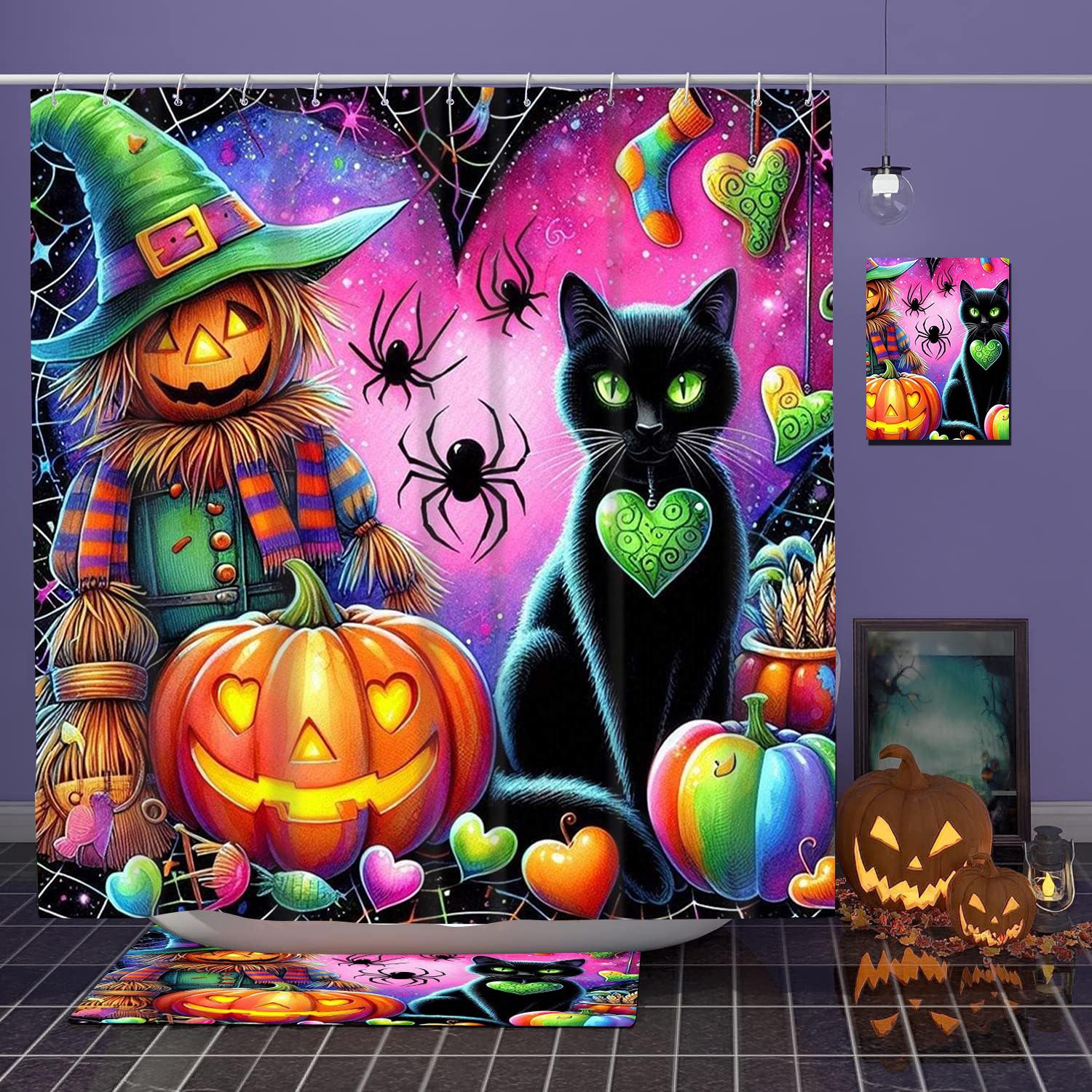 

Halloween Cats Pattern Bathroom Shower Curtain With 12 Hooks Home Bathroom Decor And Accessories W60H190(CM)-1 Pcs