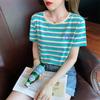 New Summer Round Neck Short-sleeved Women's T-shirt Embroidered Korean Loose and Versatile Age-reducing Striped Top