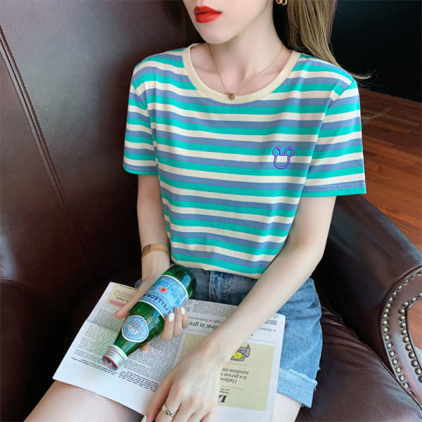 New Summer Round Neck Short-sleeved Women's T-shirt Embroidered Korean Loose and Versatile Age-reducing Striped Top