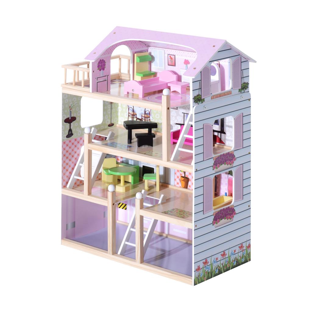 Deluxe Wooden Kids Doll House with 13 Piece Furnitures Cottage Children Girls Dollhouse Entertainment Imagination Toy Game