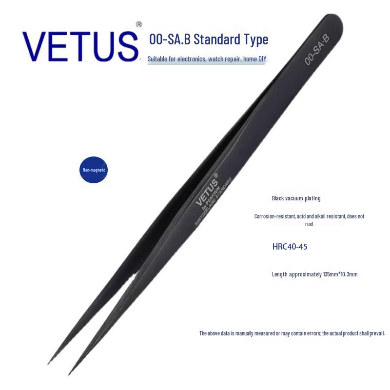 VETUS SA Black Series 302 Stainless Steel Precision Tweezers for Mobile, Watch Repair, Hair Removal, and Bird's Nest Picking