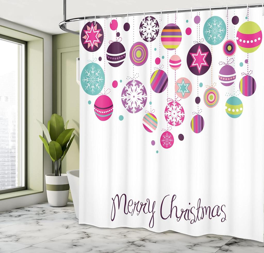 Christmas Shower Curtain,Colorful Graphic Baubles With Retro Snowflake Ornaments Celebration Hand Writing, Cloth Fabric Bathroom