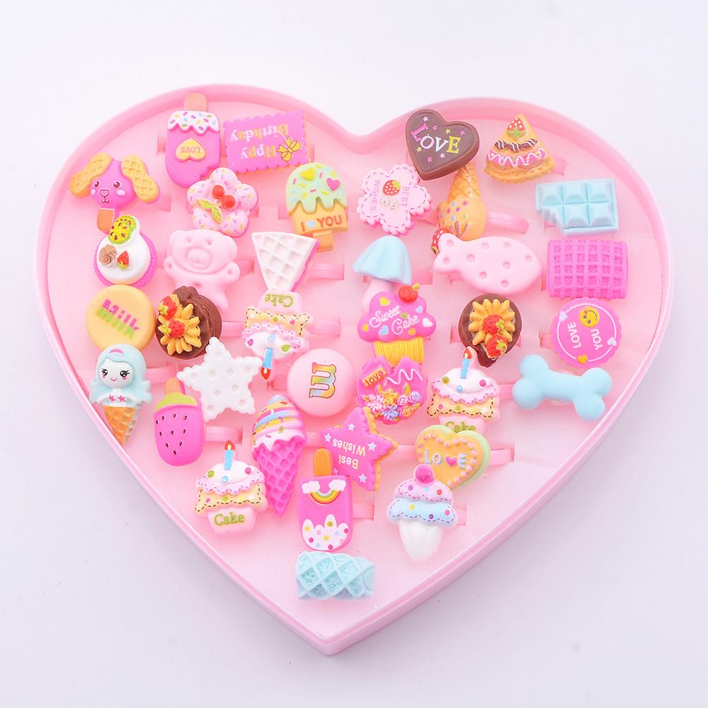 36pcs Kids Cute Rings Resin Cartoon Jewelry Flower Shape Adjustable Ring Set Creative Accessories Girl Gifts