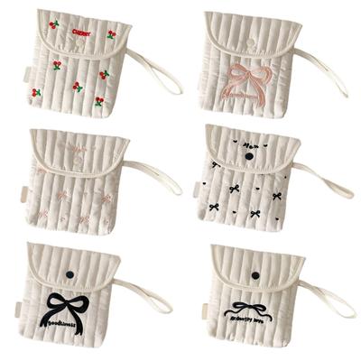 Stylish Cotton Polyester Period Essential Bag With Decorative Bows Design Compact Cosmetic Organizer For Women Girls