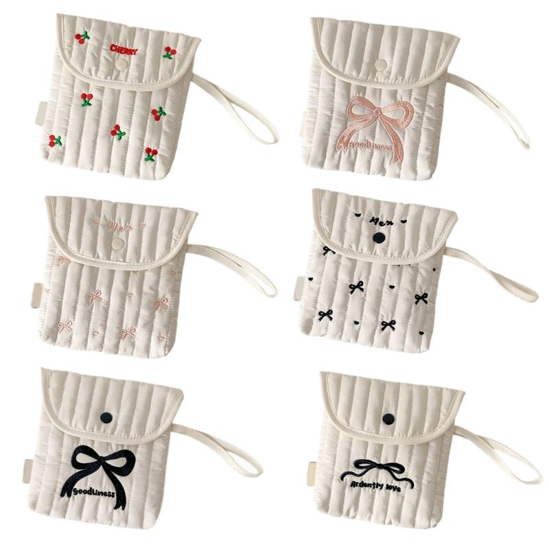 Stylish Cotton Polyester Period Essential Bag With Decorative Bows Design Compact Cosmetic Organizer For Women Girls