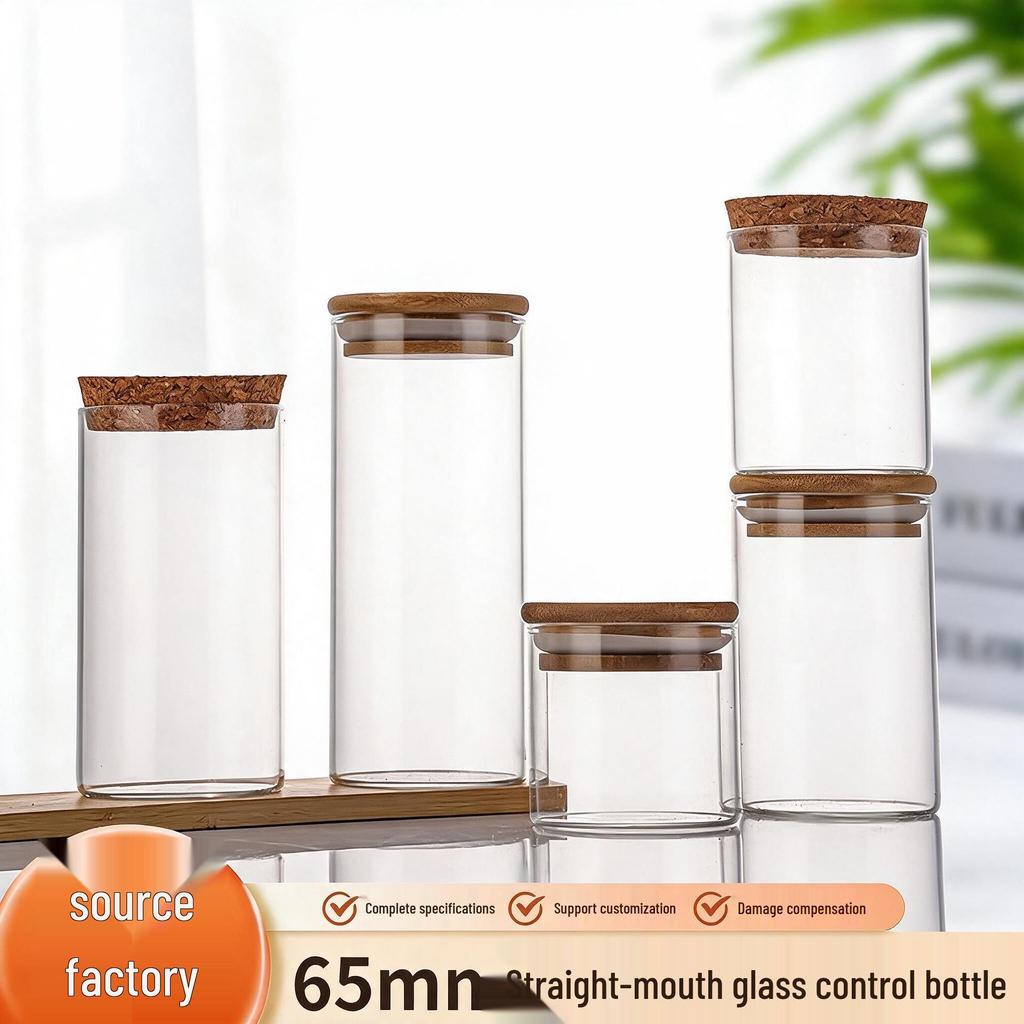 Glass Tube Storage Canister with Wooden Stopper, Rubber Seal, 65mm Opening - Ideal for Tea, Spices, Collectibles