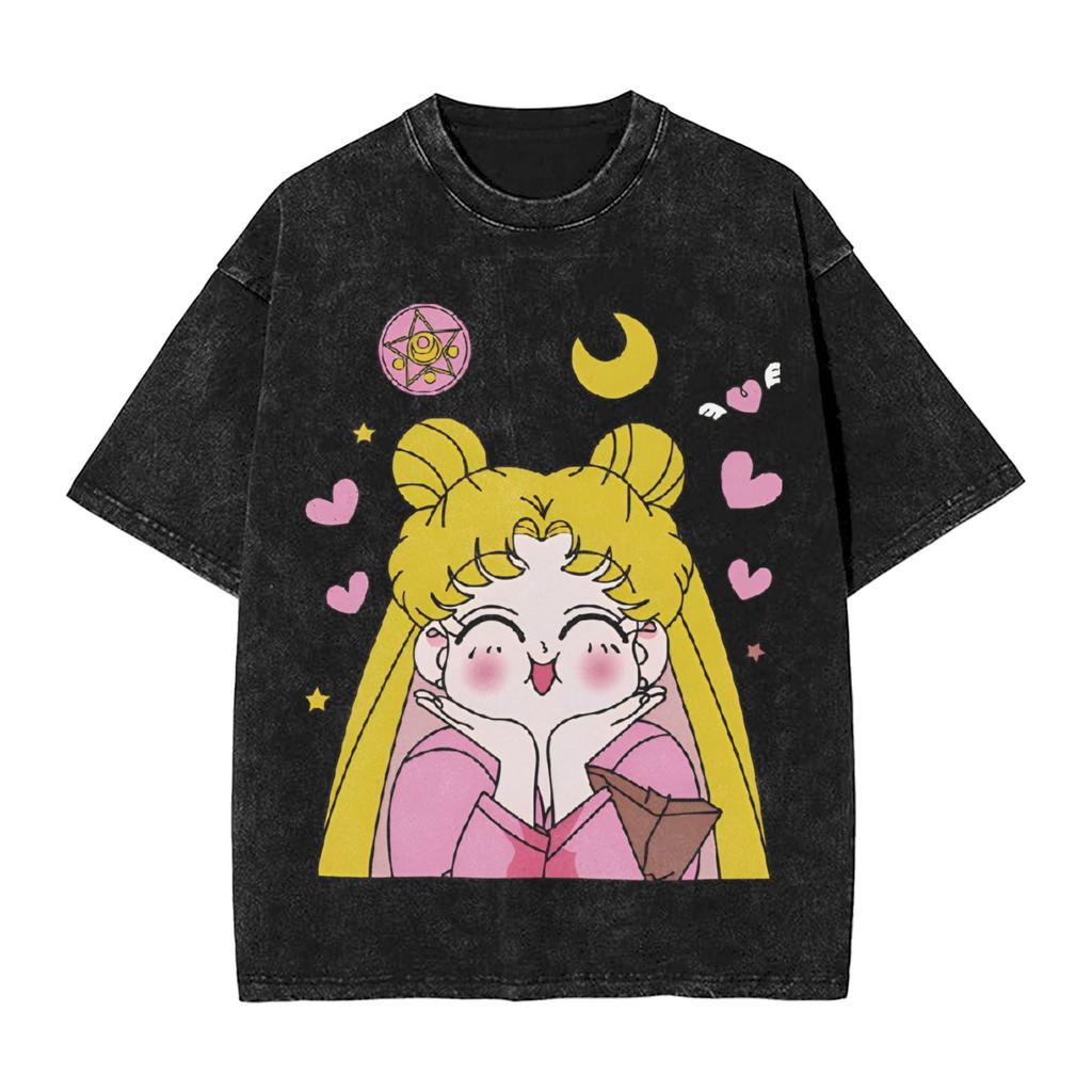 Sailor Moon Anime Printed Tshirt Mens and Womens Washed Tshirt High Quality Vintage Cotton Tshirt Harajuku YK Tops