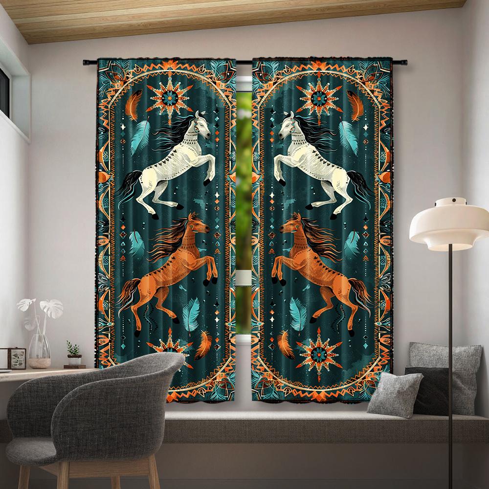 2pcs Southwest Tribal Horse Print Curtains - Vibrant Teal & Earth-Tone Design   Rod Pocket Window Drapes for Bedroom & Living Roo