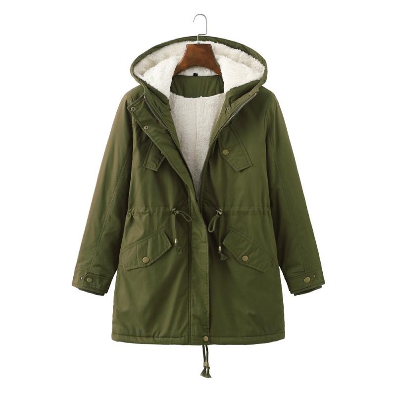 Womens Warm Fleece-Lined Hooded Cotton Coat Mid-Length Straight Fit Winter Daily Wear