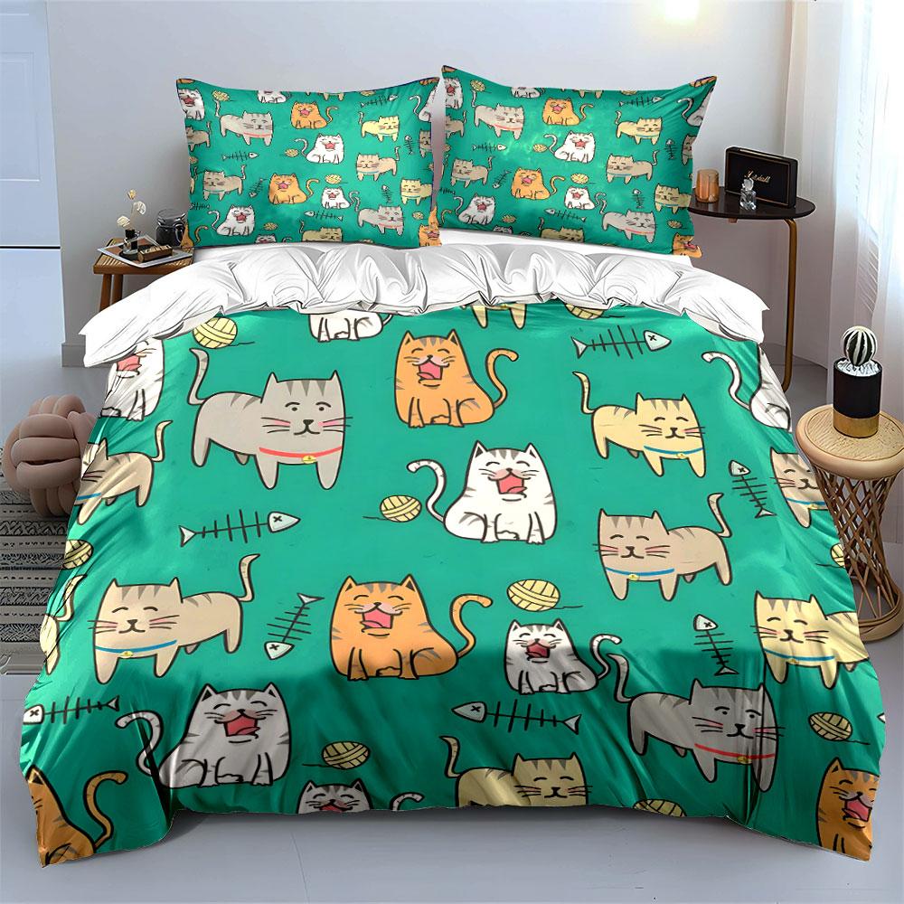 Cute Cartoon Cats Pattern Set Bedding Duvet Cover Set  (1*Duvet Cover 2*Pillowcases, without duvet insert)