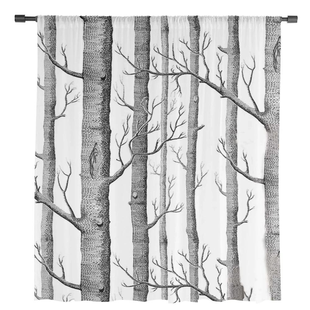 Gray White Birch Tree Branches Sheer Curtains for Living Room Decoration Tulle Voile Organza Window Curtains for Kitchen Bedroom